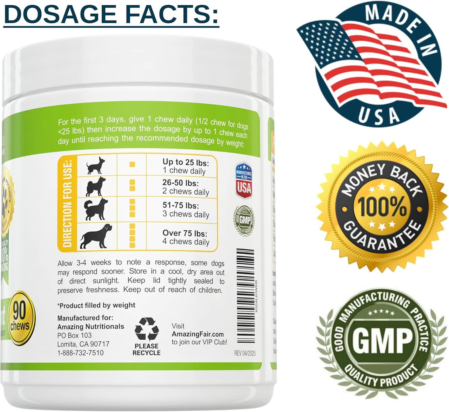 Amazing Probiotics for Dogs Eliminates Diarrhea and Gas with Hip Joint Pain Relief, 90 Bacon Soft Chews