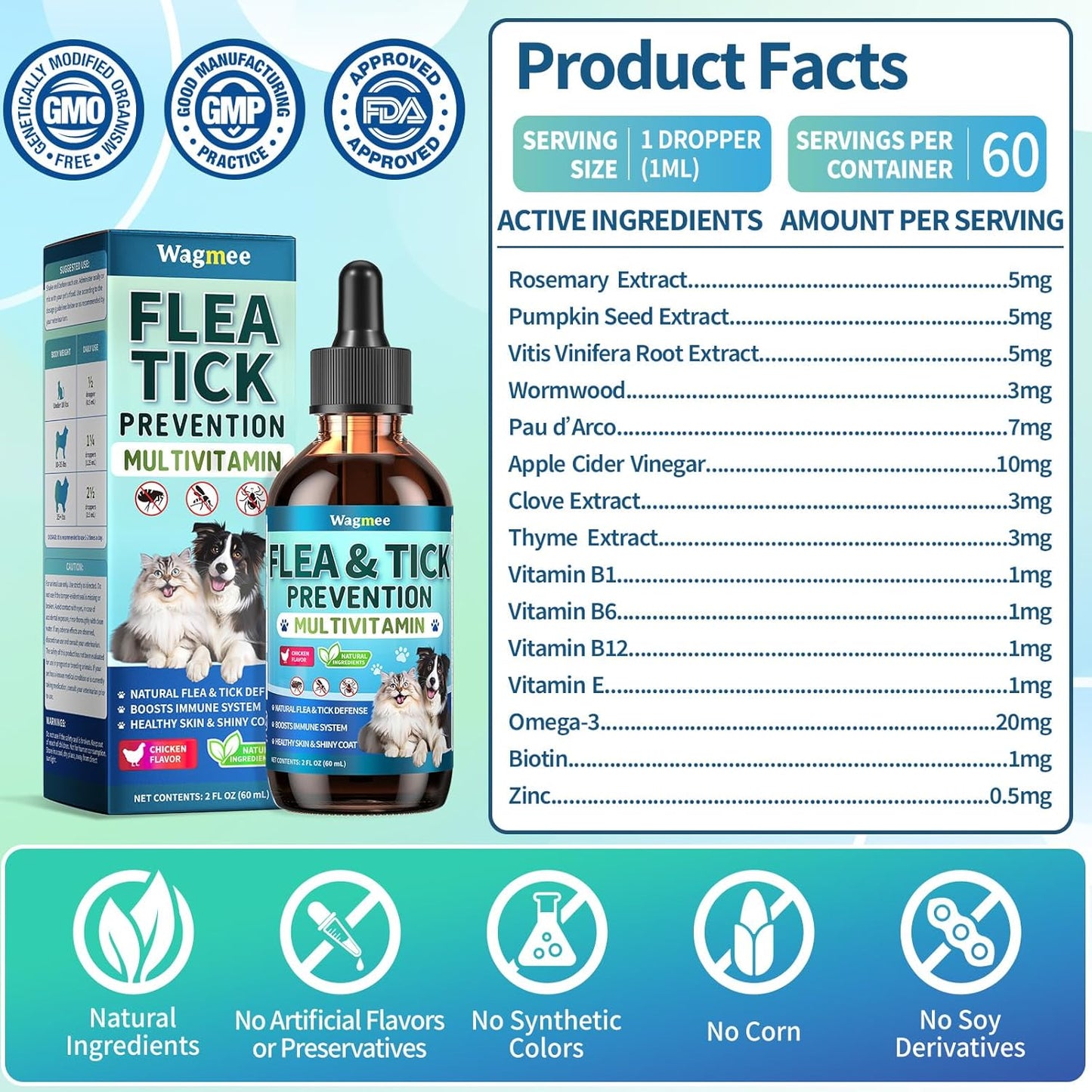 Oral Flea & Tick Support for Dogs and Cats, Natural Flea and Tick Prevention with Multivitamins - Flea Herbal Supplement Drops for Healthy Skin & Shiny Coat Support - All Breeds and Ages - Chicken