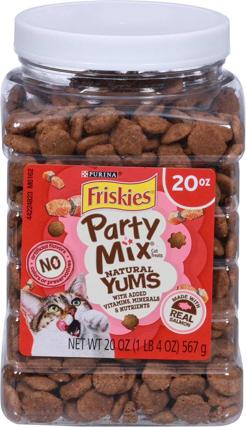 Purina Friskies Natural Cat Treats Party Mix Natural Yums With Real Salmon and Added Vitamins, Minerals and Nutrients - 20 Oz. Canister