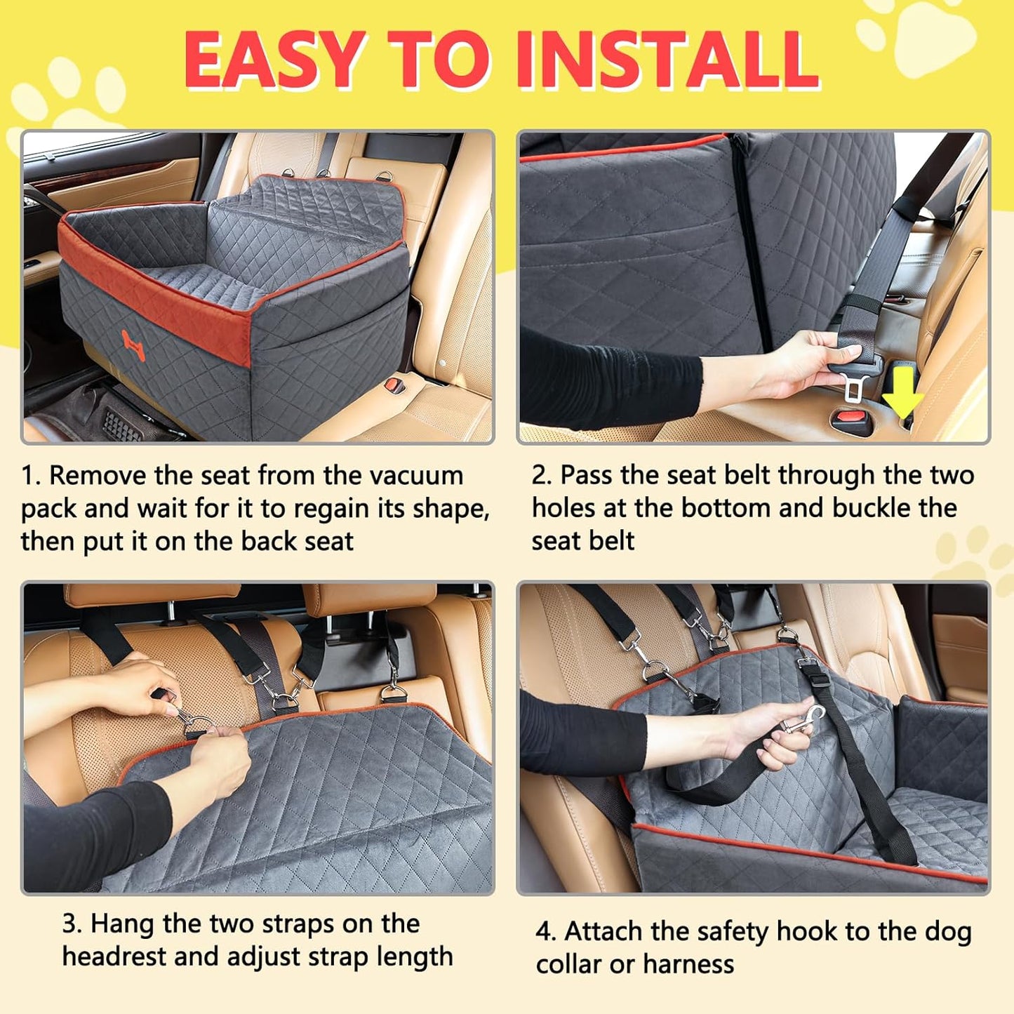 PetsHome Dog Car Seat for Medium Large Dogs, Detachable Washable Pet Booster Seat with Memory Foam Cushion, Side Pockets, 2 Clip-On Safety Leashes Pet Car Seat for Dog Up to 60 lbs/2 Small Dogs-Grey