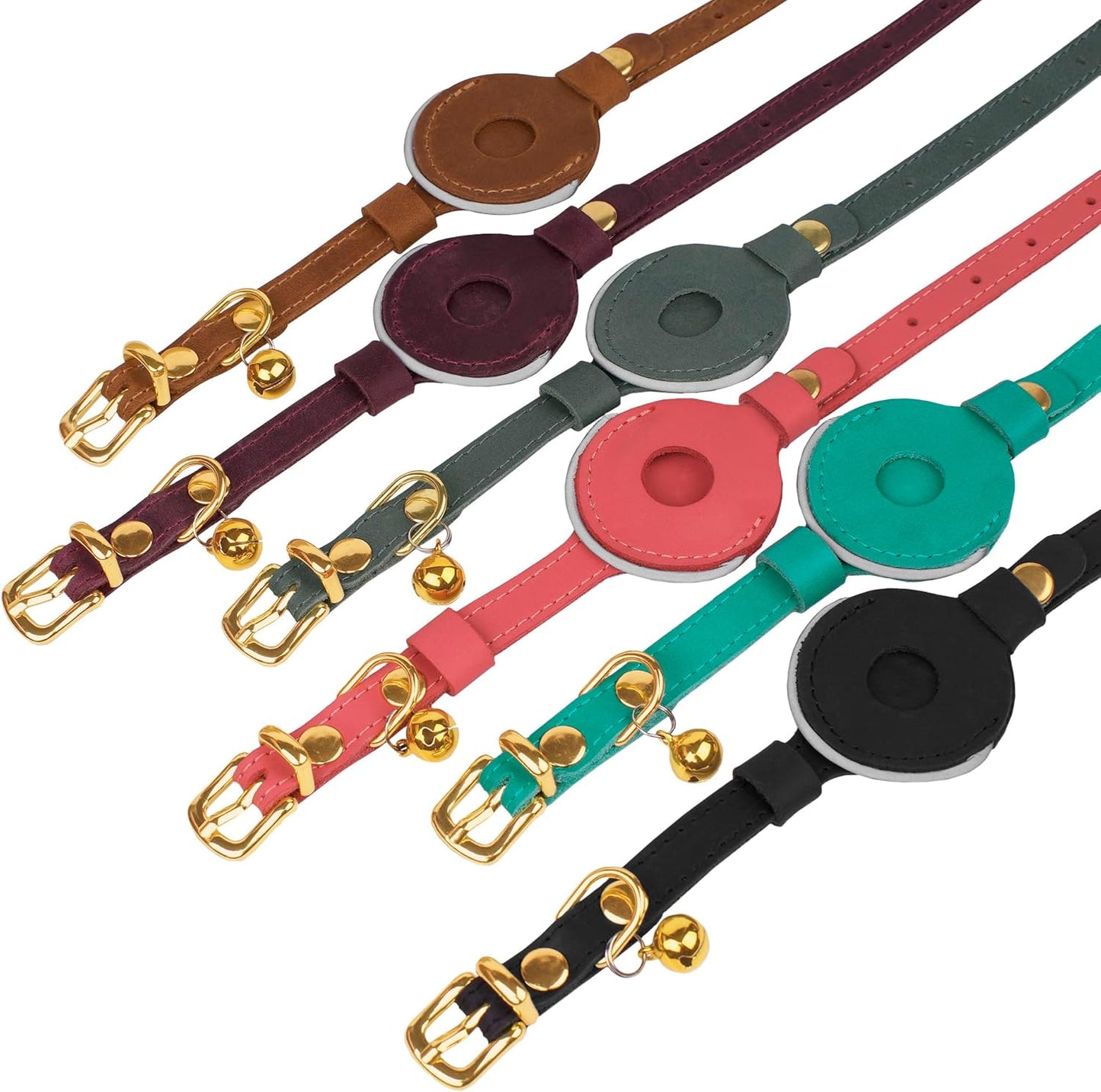 OOPSDOGGY Reflective Leather AirTag Cat Collar with Bell - Non Breakaway Adjustable Pet Collar with Apple Air Tag Holder - Lightweight GPS Kitten Collars for Small Dogs Puppy (Blue)