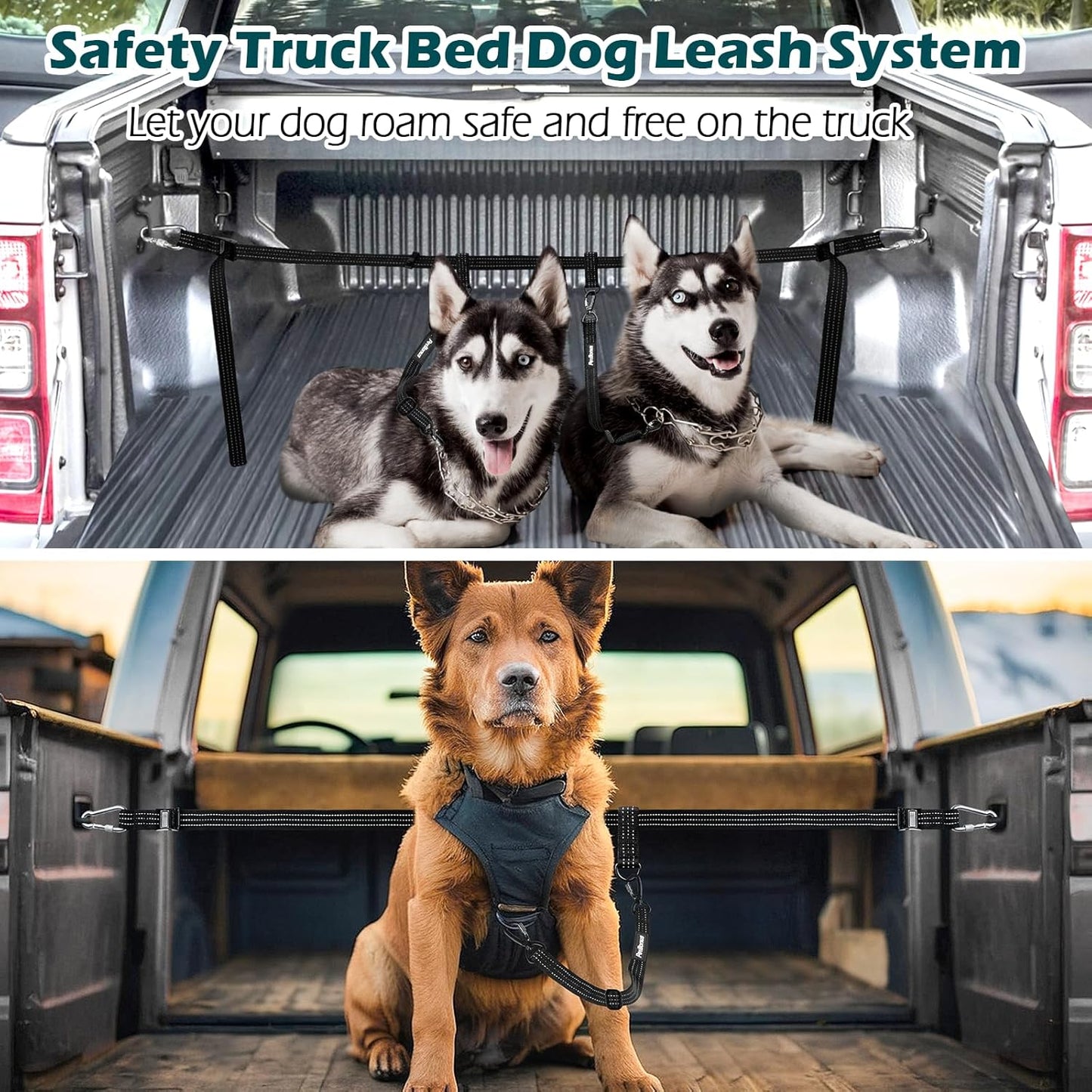 PetBonus Truck Bed Dog Leash, Dog Truck Tether Tie Down, Adjustable Safety Out Leash, Comfortable Pick-Up Bed Restraint Lead, Ratchet Tightening Pet Car Harness Belt, Single Lead (Black)