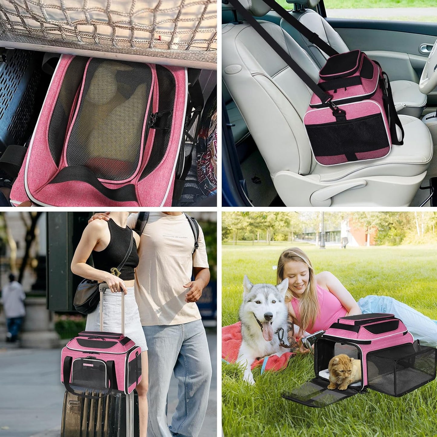 Petskd Top and Side Expandable Pet Carrier 17x11x9.5 Inches Alaska Airline Approved, Soft-Sided Carrier for Small Cats and Dogs with Locking Safety Zippers and Anti-Scratch Mesh(Pink)