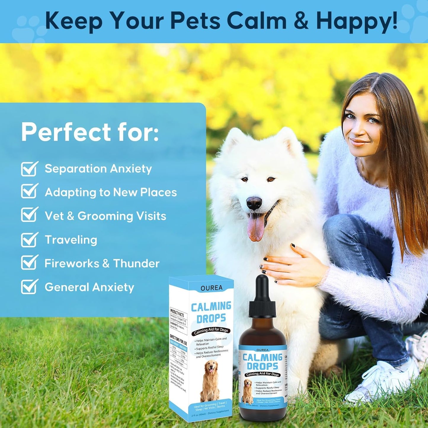 Calming Drops for Dogs with Melatonin – Helps Support Relaxation During Nail Trimming, Grooming, Travel, Vet Visits, Thunder & Fireworks – Natural Soothing Liquid Supplement