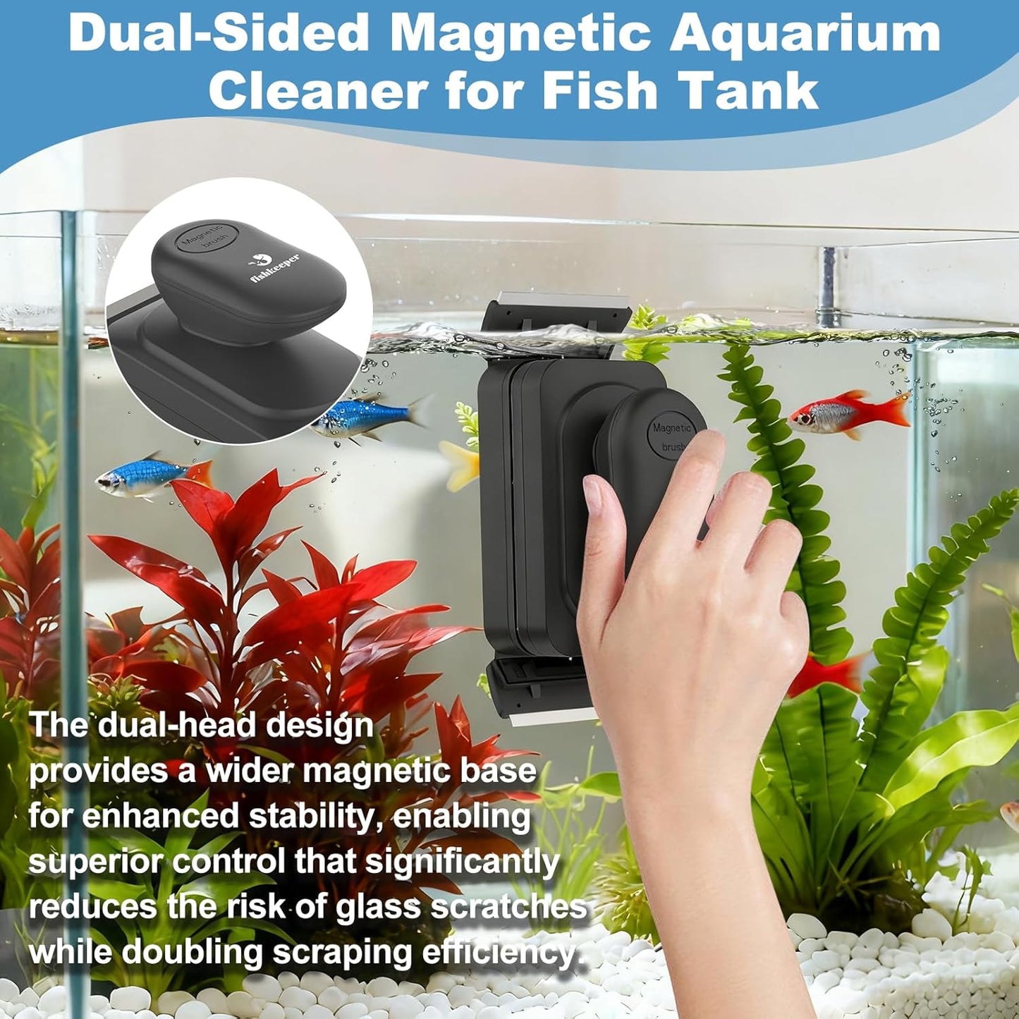 fishkeeper Magnetic Aquarium Glass Cleaner, Dual-Blades Algae Fish Tank Glass Cleaner Brush for 0.2-0.4 Inch Thick Glass Aquariums Tank, Self-Floating Scrubber Brush with 4 Detachable Scraper