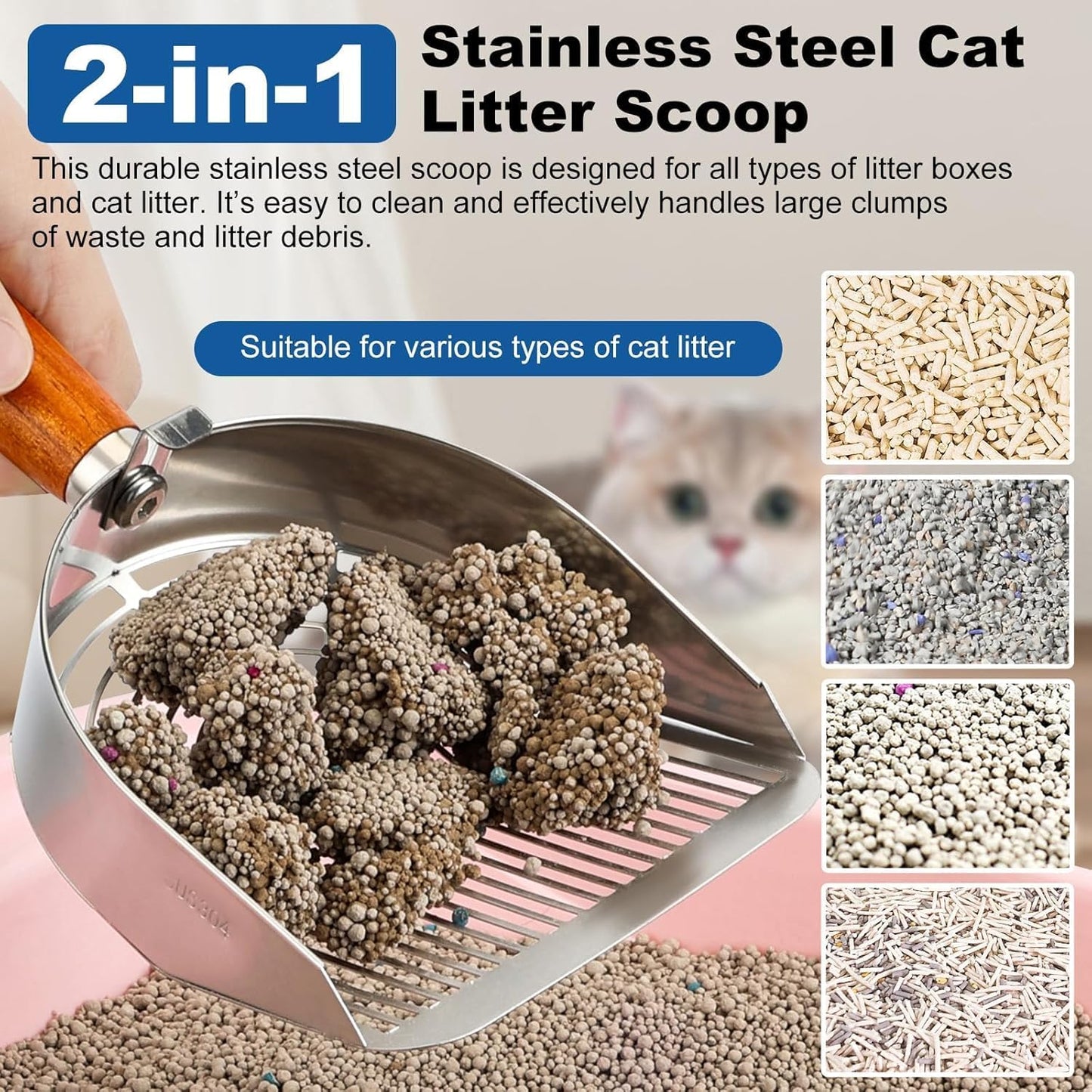 Cat Litter Scoop Metal 304 Stainless Steel, One-Piece Pressed Design with No Weld Spots, Durable Anti-Break Handle, Dual Slot Sizes, with Holder Stand, Easy to Clean, Filters Small Litter Clumps