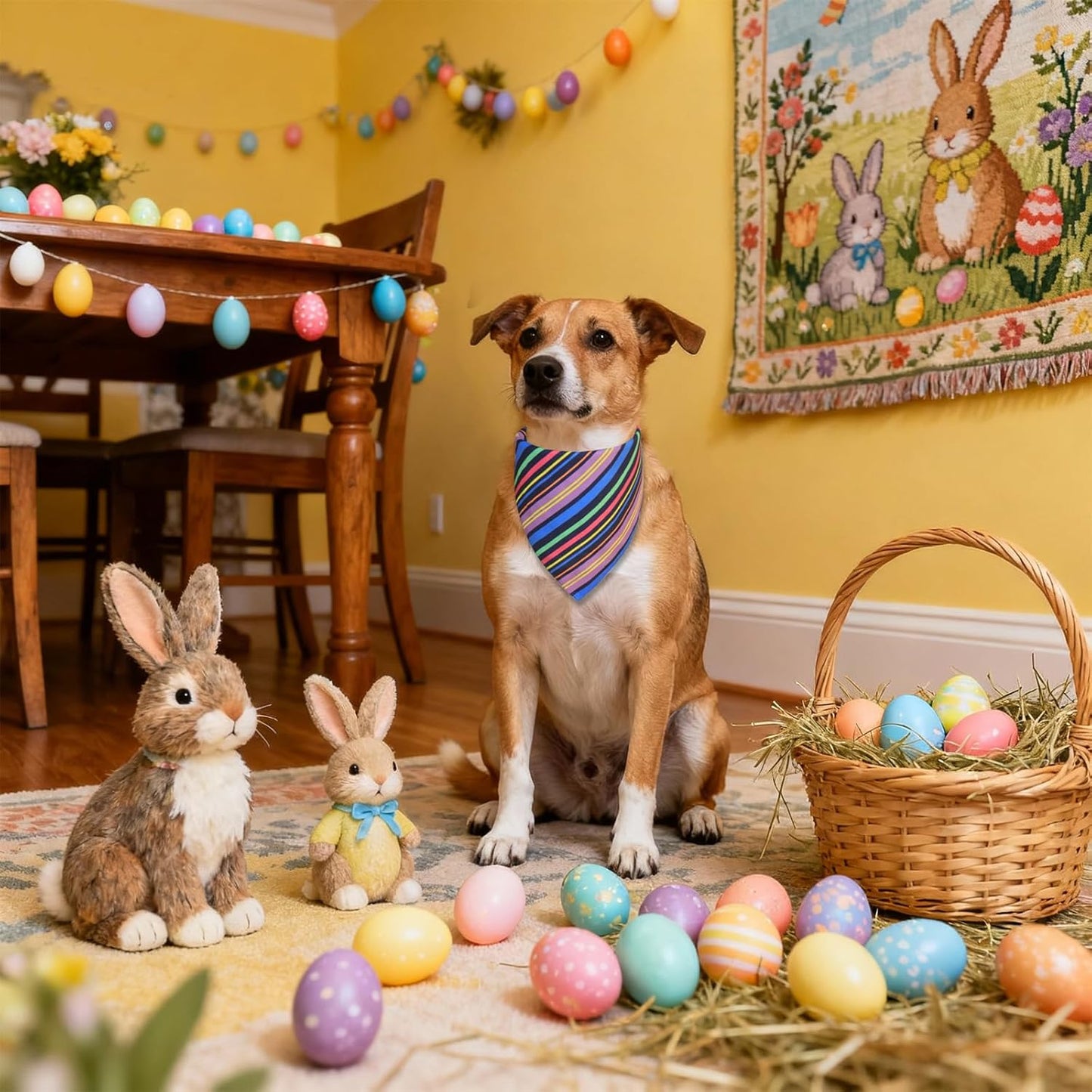 Easter Dog Bandana, Reversible Navy Bunny & Pastel Stripes for Large to X-Large Dogs, Cute Costume Accessory for Spring Gift