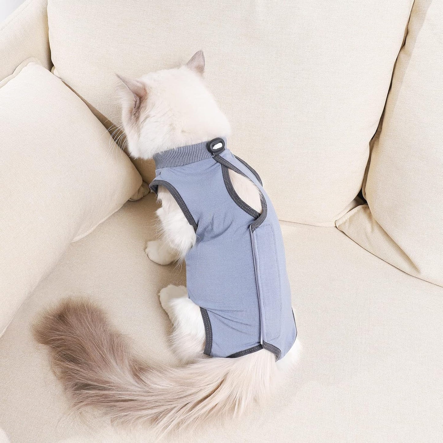 Cat Surgery Recovery Suit Cat Onesie for Cats After Surgery Spay Surgical Abdominal Wound Skin Diseases E-Collar Alternative Wear (Grey-Blue-L)