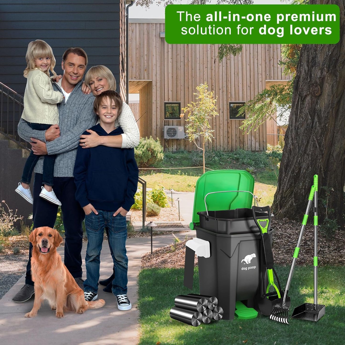 Dog Poop Trash Can Outside with Pooper Scooper and Metal Rake & Tray, 20L/5Gal Dog Waste Trash Can with Lid, Pedal and Removable Inner Waste Bin, Pet Poop Bin with 100 Bags, Green