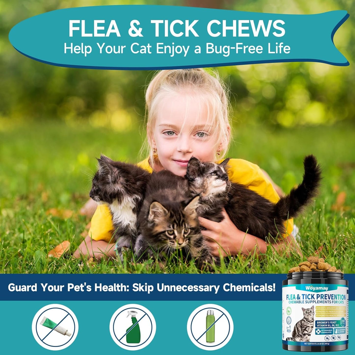 Flea Treatment for Cats, 200 Treats Flea and Tick Prevention for Cats Chewables, Natural Cat Flea and Tick Treatment Chews Daily Oral Flea Supplement, Kitten Cat Flea Treatment, Chicken Flavor