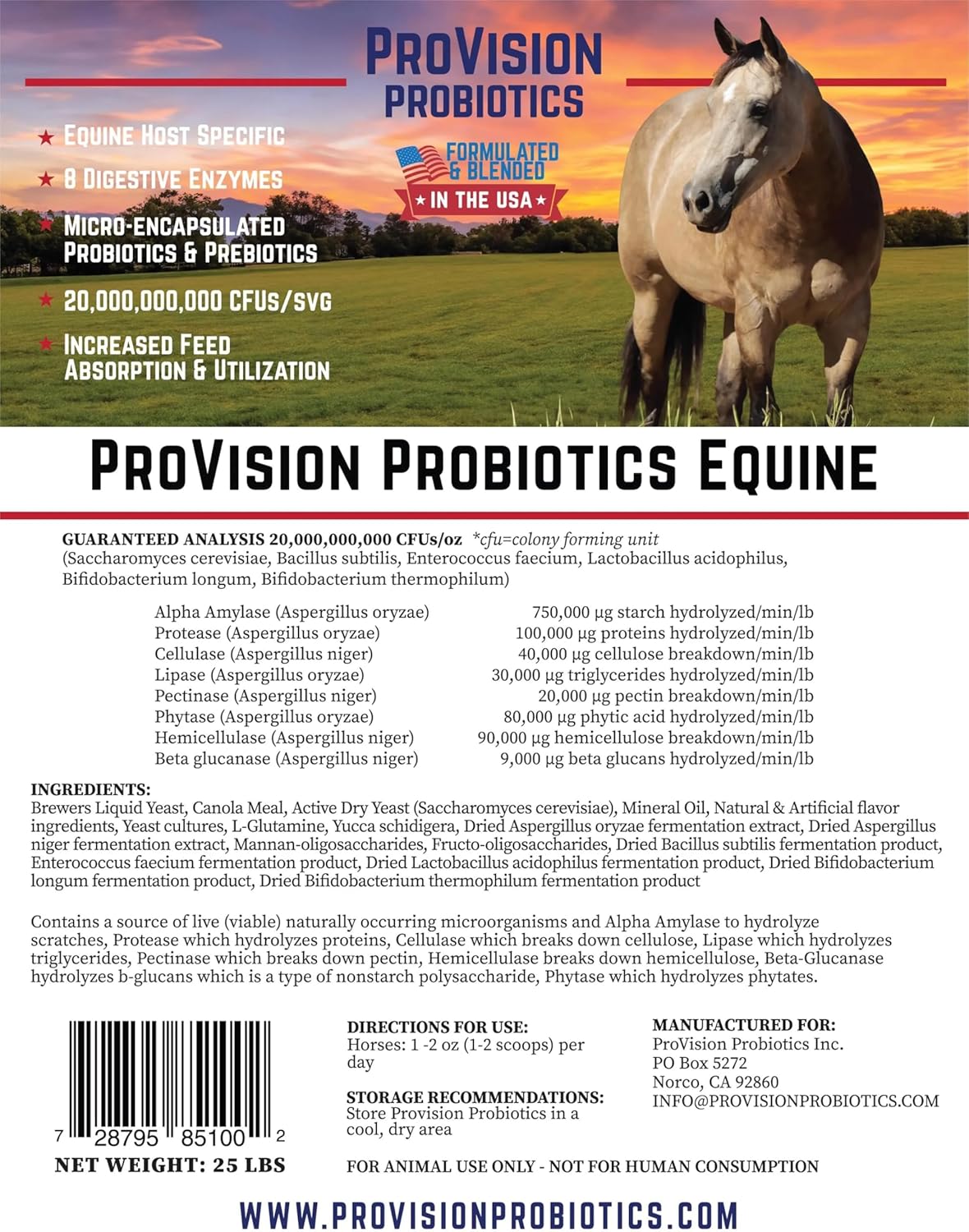 Digestive Aid for Horses - 25lb Bag (400 Servings @ 48¢/Serv) - Probiotics, Prebiotics, and Digestive Enzymes for Gut Health, Nutrient Absorbtion & Performance. Value Pk