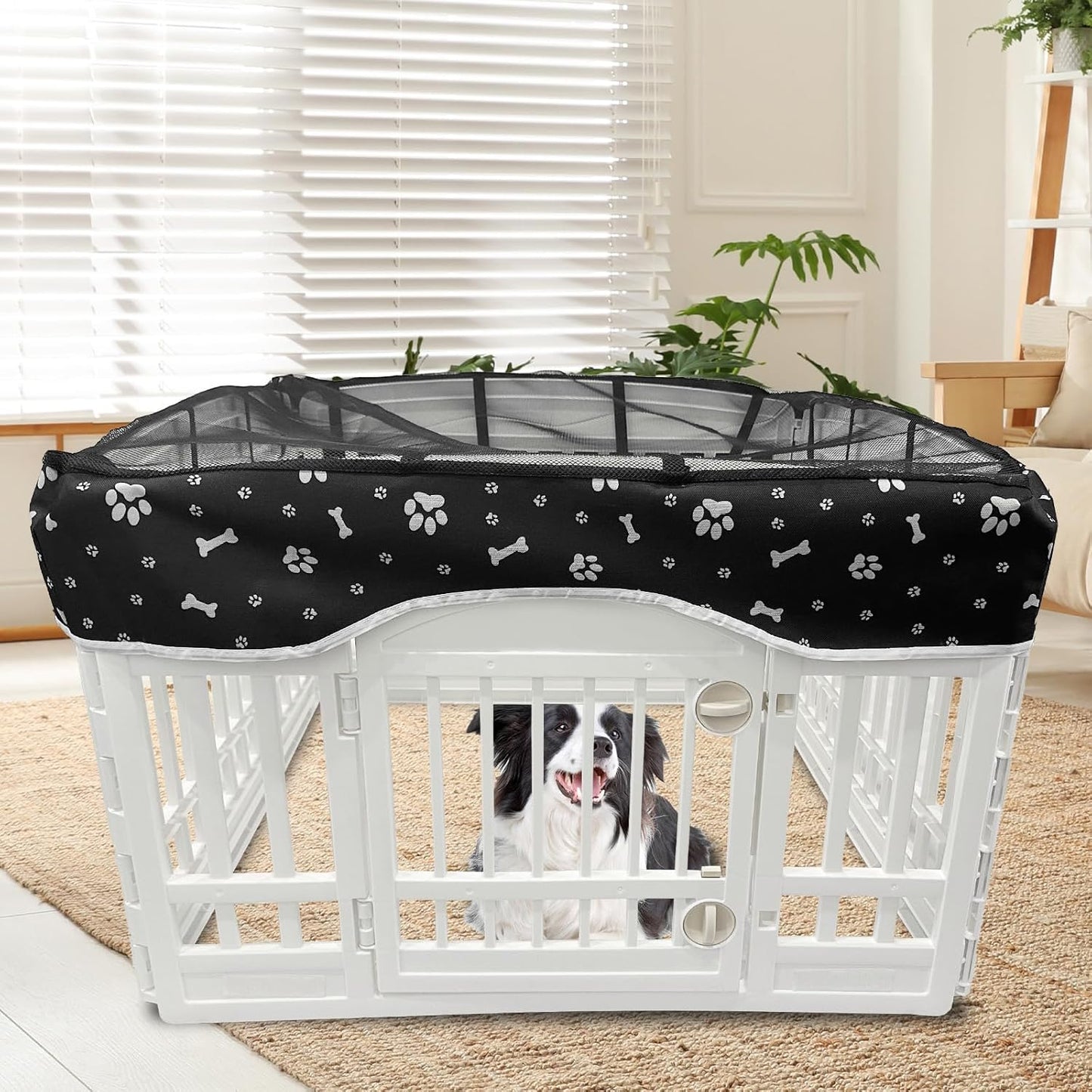 PJYuCien Dog Playpen Mesh Top Cover, Fits 36 Inch 4 Panels Regular Square Plastic Exercise Pet Pen, Adhesive Tape Connections, Black paw (Note: Cover Only, Fence Not Included)
