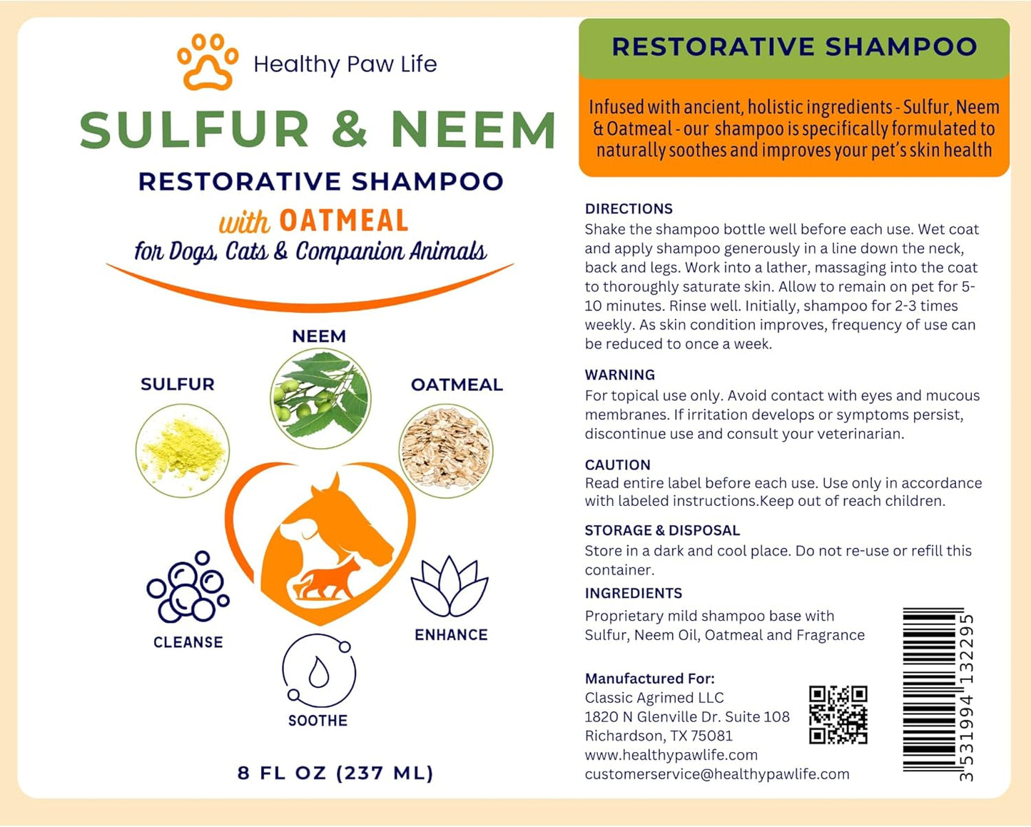 Healthy Paw Life's Sulfur & Neem Restorative Shampoo with Oatmeal