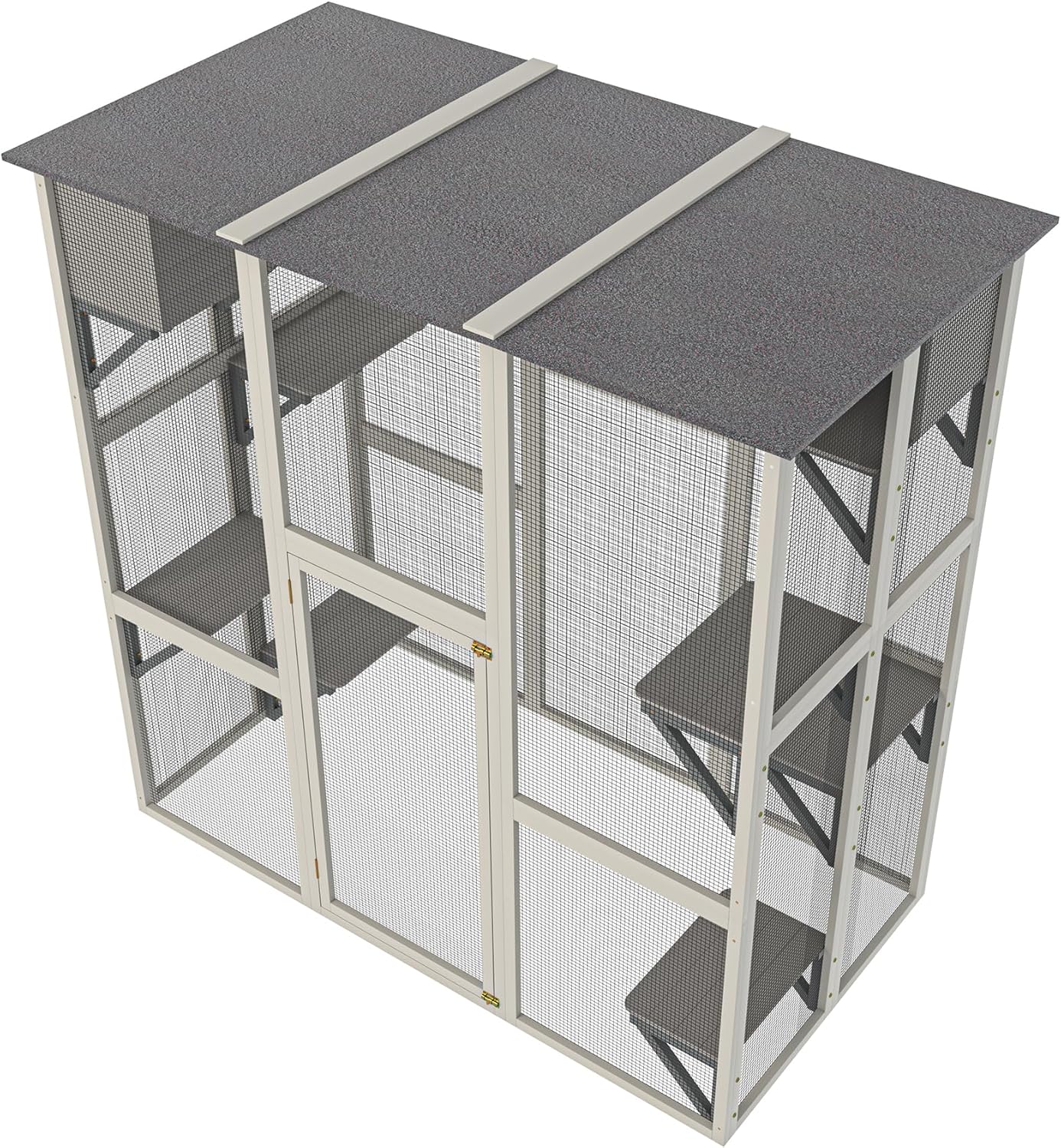 Wooden Catio Outdoor Cat Enclosure,71" H Outdoor Cat House W/ 8 Jumping Platforms & 2 Napping Houses,Walk-in Cat Patio Enclosure W/ 2 Safety Latches Doors & Weatherproof Asphalt Roof,Gray