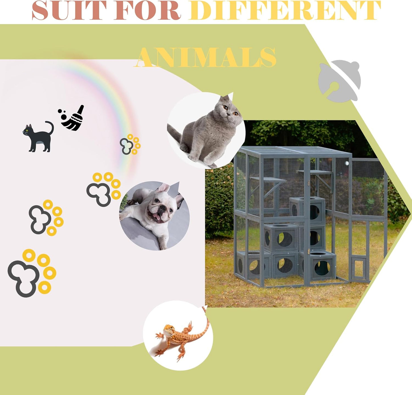 Outdoor Cat House,69" Catio Outdoor Cat Enclosure W/ 7 Freely Combination Wood Boxes & Climbing Shelves,Wooden Walk in Cat Cage W/ 2 Platforms & Double Enter Doors,for Multiple Cats,Gray