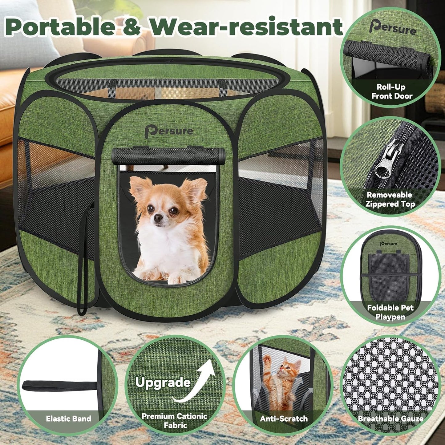 Dog Cat Playpen Indoor Outdoor for Puppy Pet Dogs Cat Recovery After Surgery, Dogs Tent Crates Cage Indoor/Outdoor, Portable Pop Up Dog Kennel with Carrying Case for Travel (Premium Green, Small)