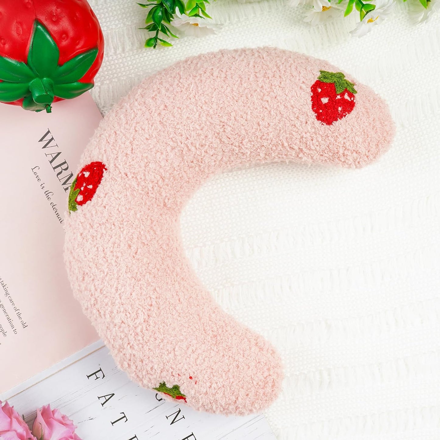 Lystaii Cat Calming Pillow for Indoor Pets - Soft Fluffy Cat & Dog Bed - Anxiety Relief with Cute Embroidery Pattern (Pink, Strawberry)