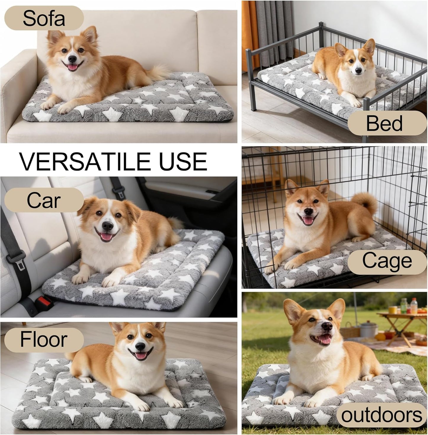 Dog Crate Mat, 4 Piece Reversible Pet Bed, Polyester, Machine Washable, Small Dogs & Cats, Rectangular, 24 x 18 x 1.3 Inches (Gray Star, 24" L x 18" W x 1.5" Th)