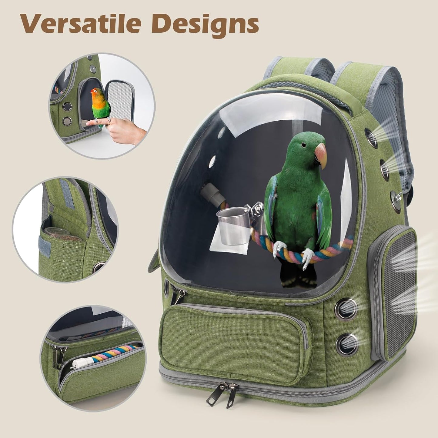 Bird Backpack Carrier Travel Cage with Perch, Tray and Breathable Clear Window, Bird Travel Cage for Cockatiel Caique Conure Quaker, for Vetting Camping Hiking (Green)