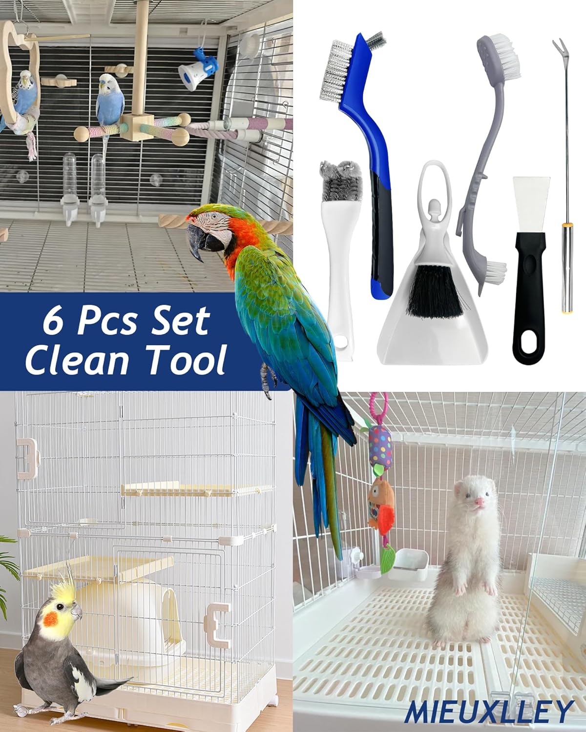 Upgrade 6PCS Cage Cleaner Set,2-in-1 Stainless Steel Pet Cage Brush,Bird Poop Remover,Dual Head Brush,Long Handle Scraper,Small Animals House Cleaning Accessories,Mini Dustpan and Broom Set (6PCS-1)