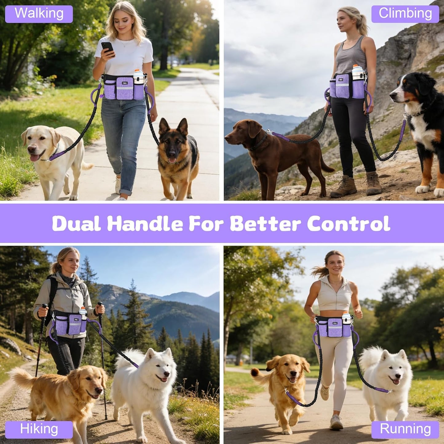 ETACCU Premium Hands Free Dog Leash for 2 Dogs, Adjustable Waist Belt Leash for Dog Walking, Purple (1 Dog Purple)
