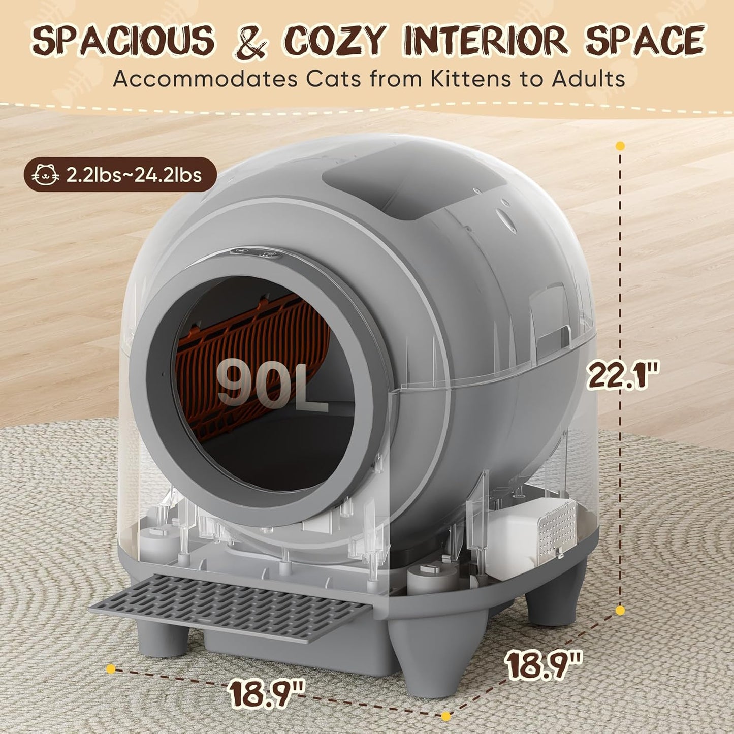 GUNJI Automatic Self-Cleaning Litter Box, 90L Large Capacity for Multiple Cats - APP Controlled with Safety Protection, Included Litter Mat & 1 Roll Garbage Bags (Gray)