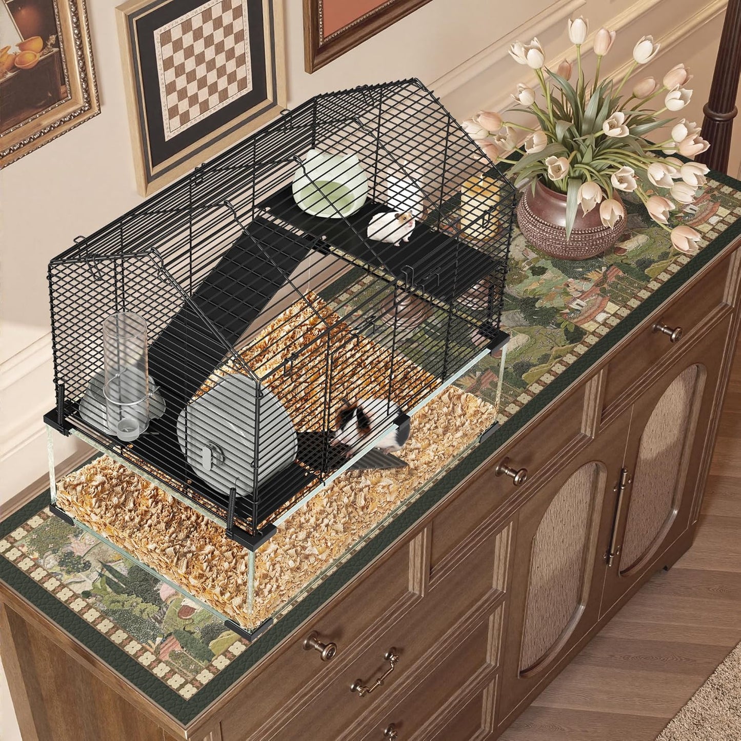 Spacious 3-Tier Hamster Cage for Small Animals – Deep Tempered Glass Bottom, Running Wheel, Water Bottle & Food Bowl – Transparent Habitat for Syrian, Dwarf Hamsters, Gerbils, Mice, Rats, Chinchillas,