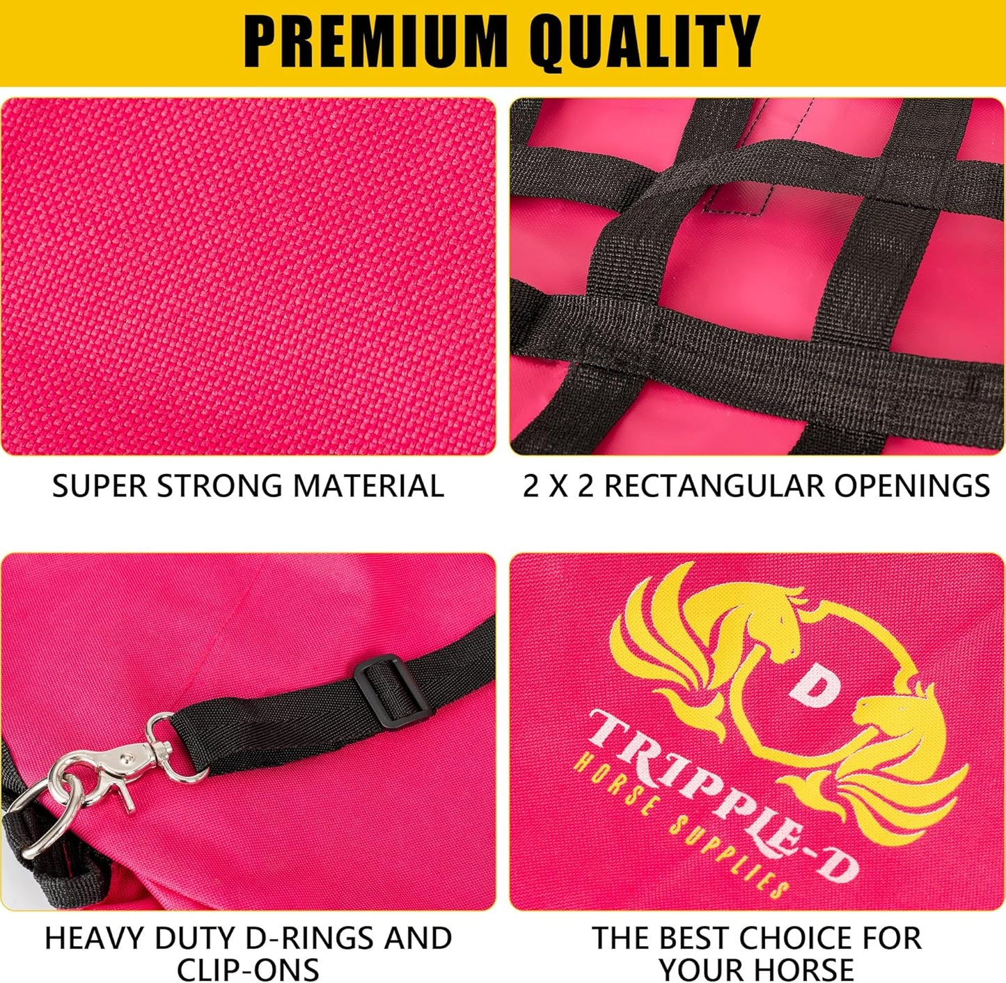 Tripple-D Horse Supplies top Loading Slow Feeder hay Bag, Equipment for Horses & Goats, Durable Strong Material and Nylon Feed net, Holds hay Bales securely, Reduces hay Waste, Nice feeders Storage