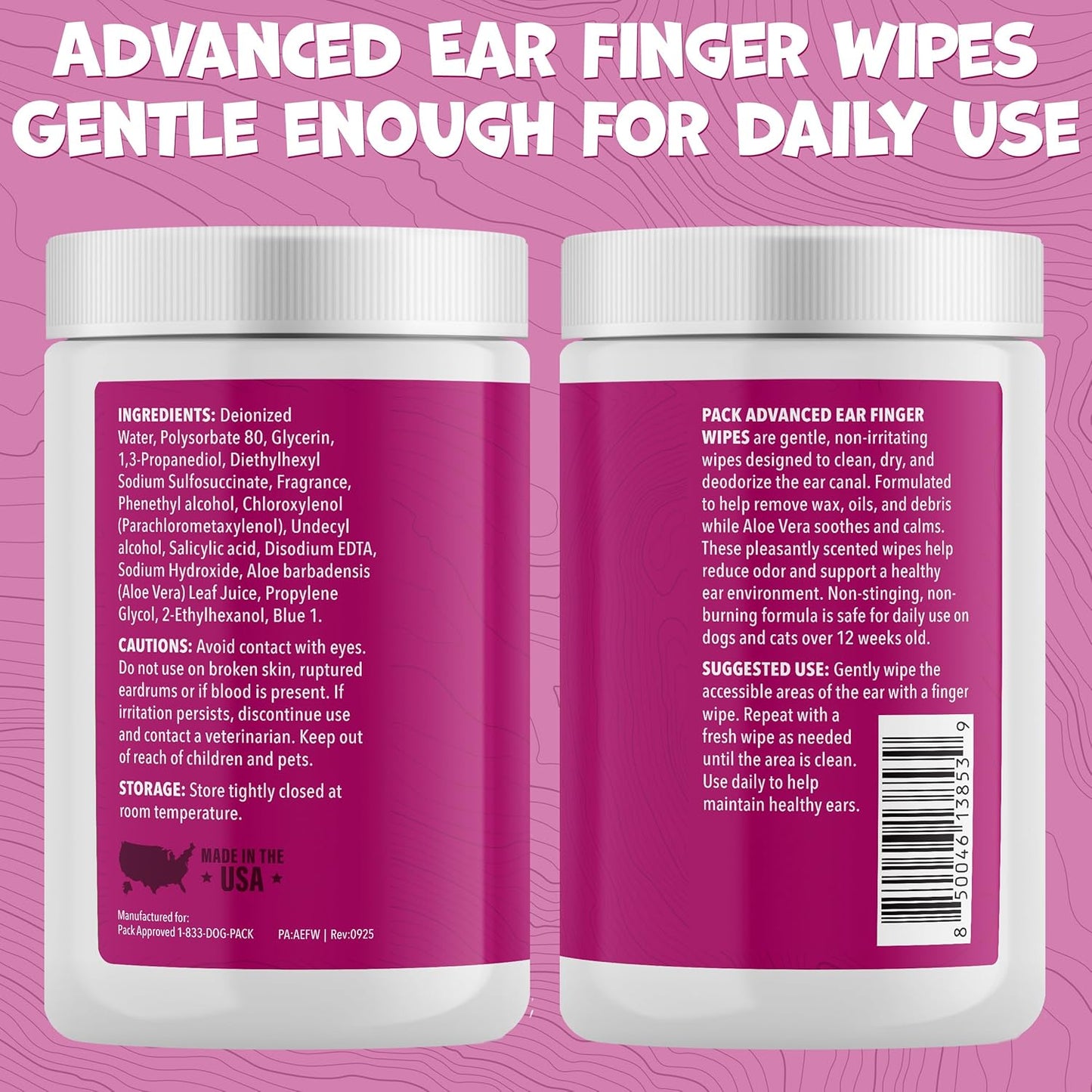Advanced Pet Ear Finger Wipes for Dogs & Cats - Non-Irritating Pet Finger Wipes, Ear Cleaner for Dogs & Cats - Helps Reduce Wax Buildup, Debris, and Odor with Cucumber Melon Scent - 50ct