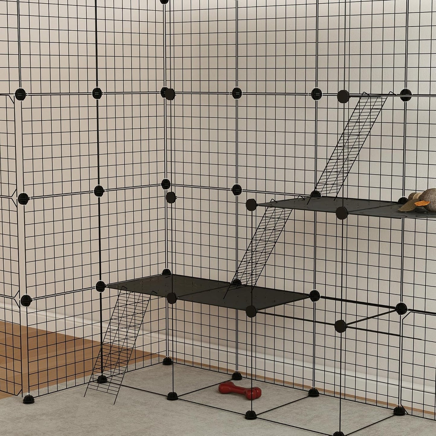 PawHut Cat Cage, 4 x 4 x 4 DIY 4 Tier Cat Enclosure, Detachable Wire Indoor Catio with Hammock, Jumping Platforms, Ramps, Doors, for 1-3 Kittens, 55" L x 55" W x 55" H, Black