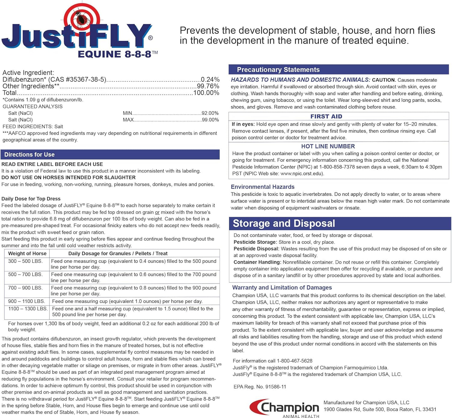 JustiFLY Equine 8-8-8 Feedthrough Fly Control Formula for Horses (4.75 lb) – Complete Protection from Stable, Horn & House Flies, Dung Beetle Safe