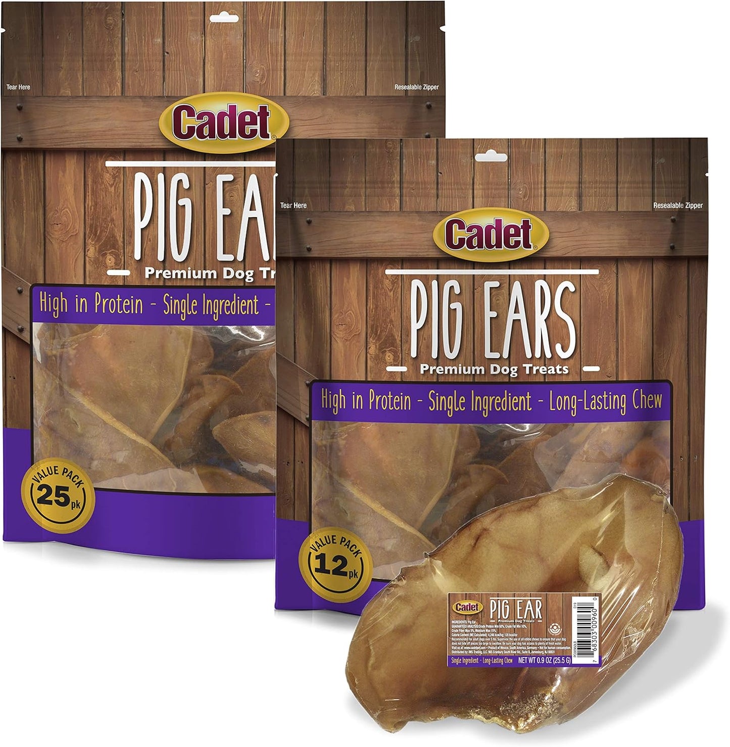 Cadet Natural Pig Ears for Dogs, Long Lasting & Natural Chew Treats for Dogs, 12 Count