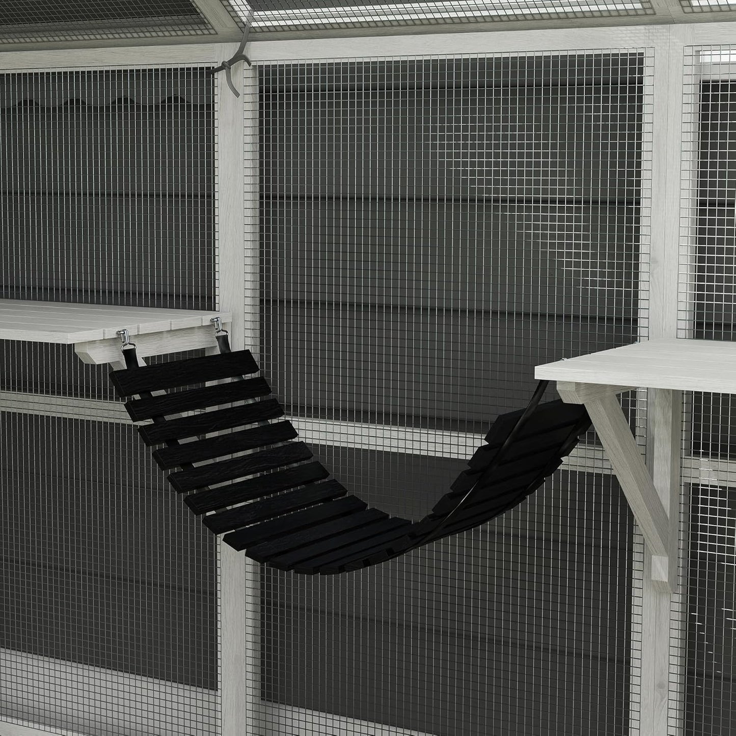 PawHut 110" L Large Catio Outdoor Cat Enclosure for Multiple Kittens, 56 sq.ft Wooden Cat House with Waterproof Cover, Walk in Kitty Cage Kennel with 2 Condos, 6 Platforms, Bridge, Doors, White