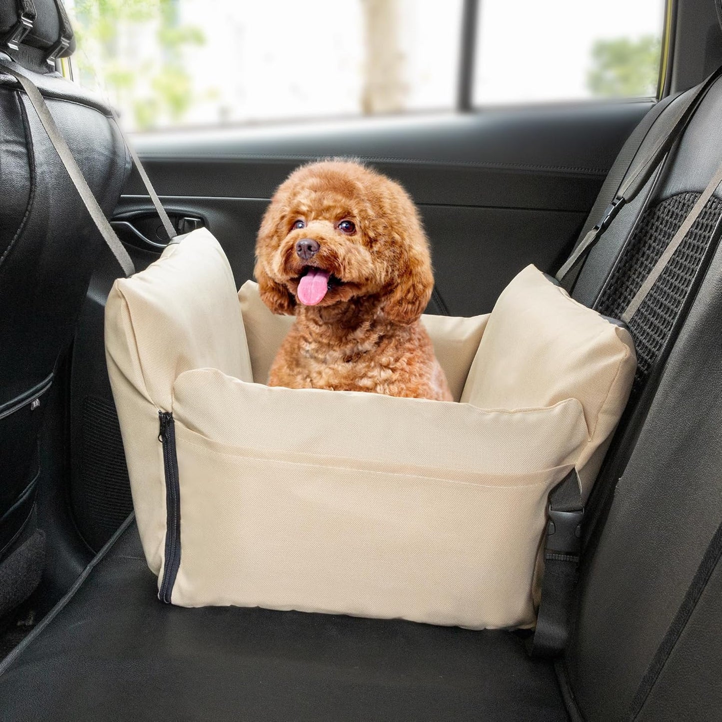 FEXIA Small Dog Car Seats for Small Dogs, Waterproof Dog Bed with Storage Pockets, Clip on Safety Leash and Thickened Memory Foam Filling, Pet Car Seat Puppy Travel Carrier Bed