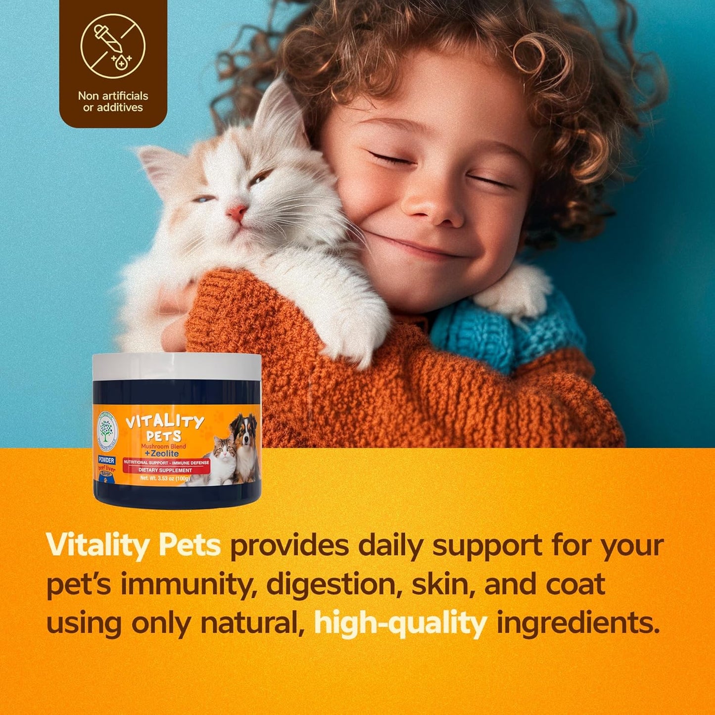 Vitality Pets – Natural Multivitamin Powder for Dogs & Cats with Zeolite clinoptilolite, Pumpkin & Mushroom Blend – Immune & Digestive Support – 100g for All Breeds & Sizes