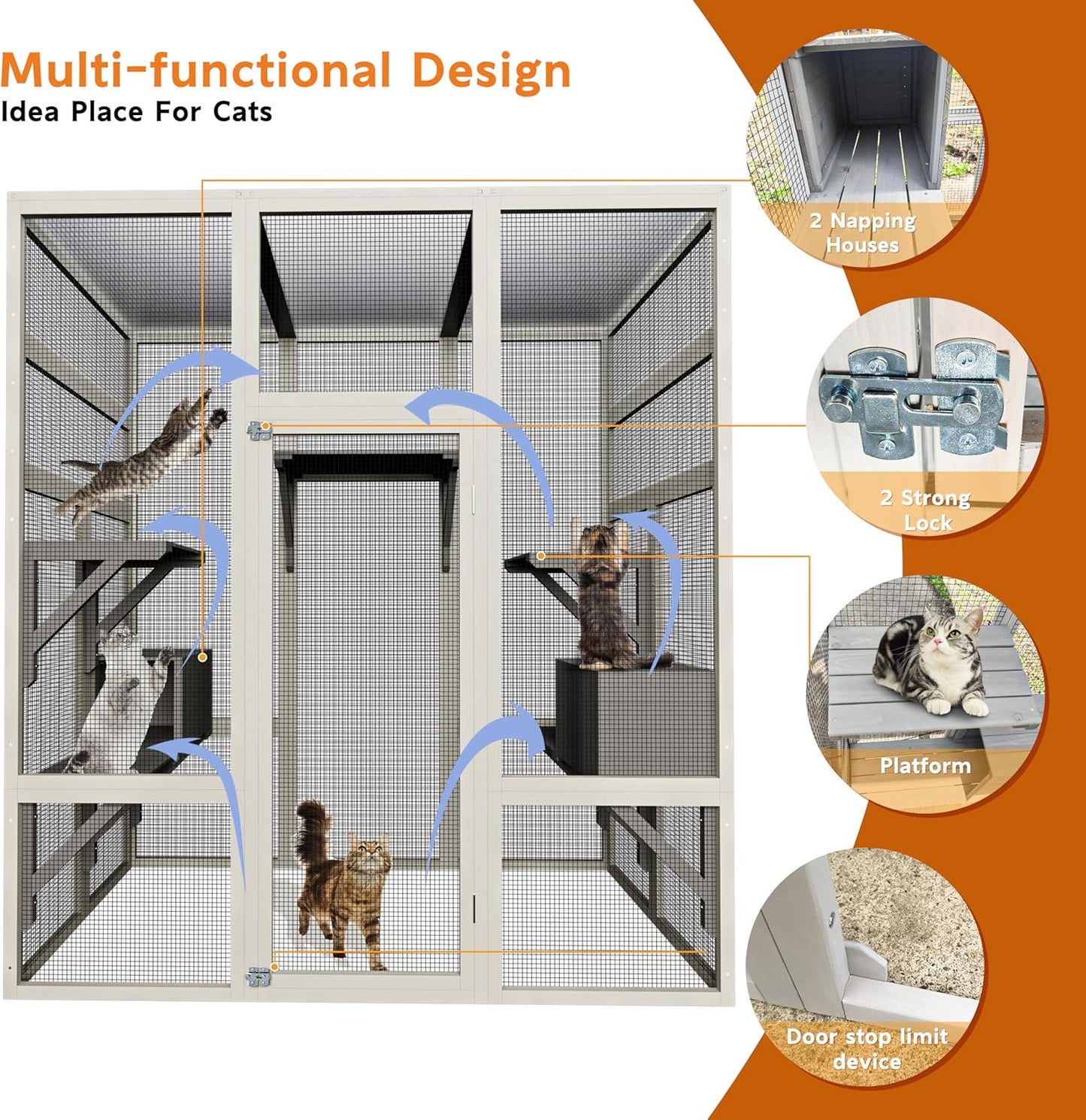 71" Large Outdoor Catio for Cats, Wooden Walk-in Cat Enclosure with Weatherproof Roof, Catio Outdoor Cat Enclosure with 5 Platforms & 2 Cozy Napping Boxes