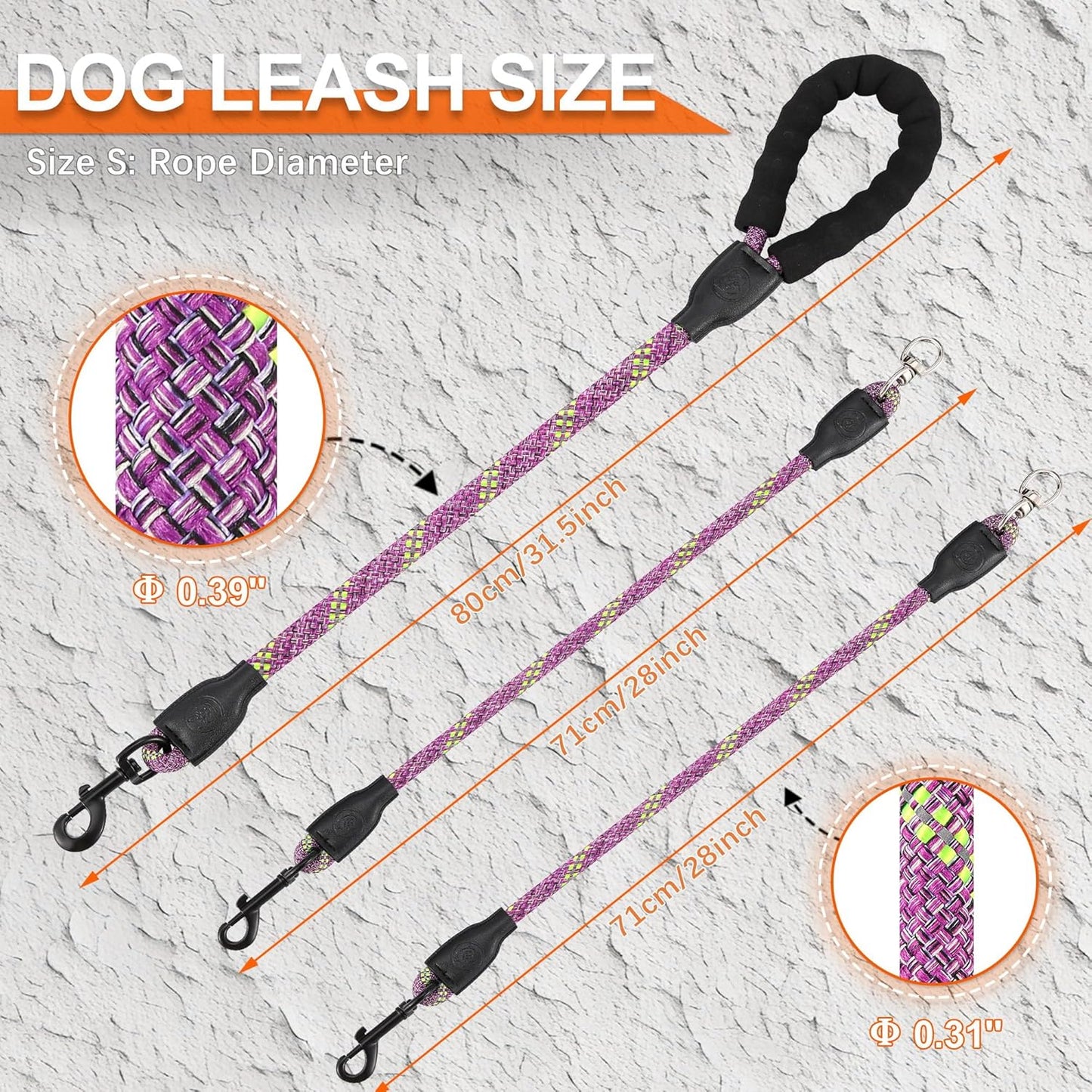 Double Dog Leash for Two Dogs - Detachable 360° Swivel, No Tangle Leash with Reflective Strips for Walking and Training Small Medium and Large Dogs, S/8-45ibs, Purple