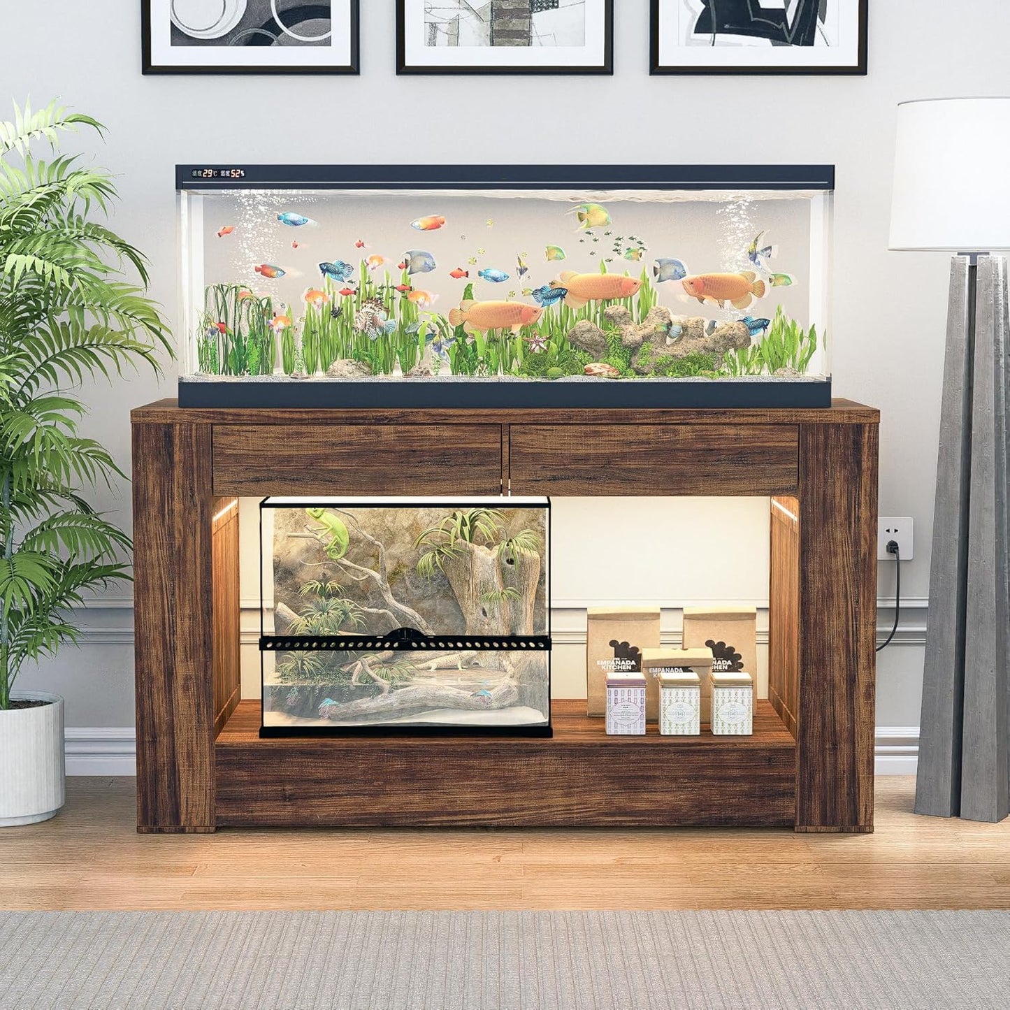 55–75 Gallon Aquarium Stand for Fish Tank & Turtle ,Reptile,Amphibian Terrariums, MDF Tabletop & Drawers, Reinforced Metal Frame, LED Lighting, Power Outlets (Rustic Brown)