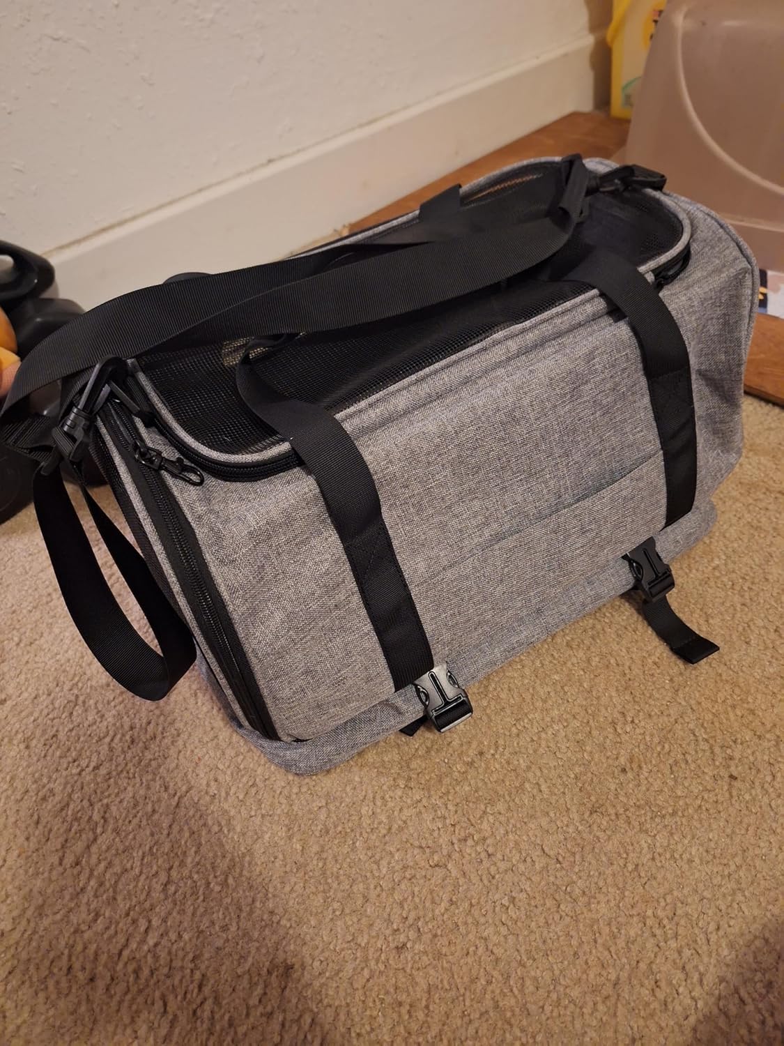 KJ Lightweight Durable Pet Carrier for Small Dogs & Cats up to 20 lbs - Grey Vinyl Travel Carrier with Zipper Compartments, Airport-Approved