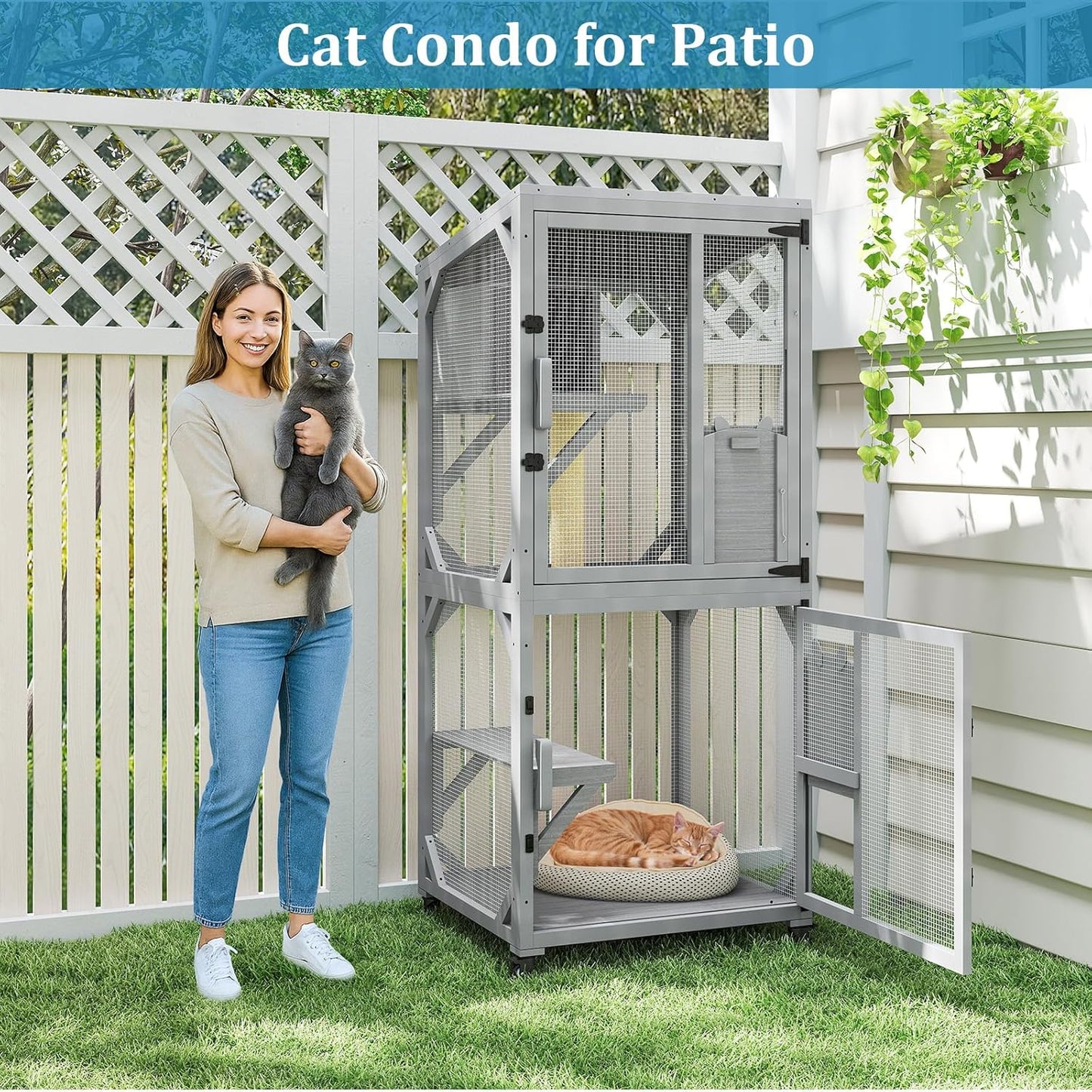 Catio Outdoor Cat Enclosure, Cat Patio Enclosure with 3 Platforms, Cat Condo Outdoor, Wooden Movable Cats Cage with 4 Wheels, Large Outdoor Cats House