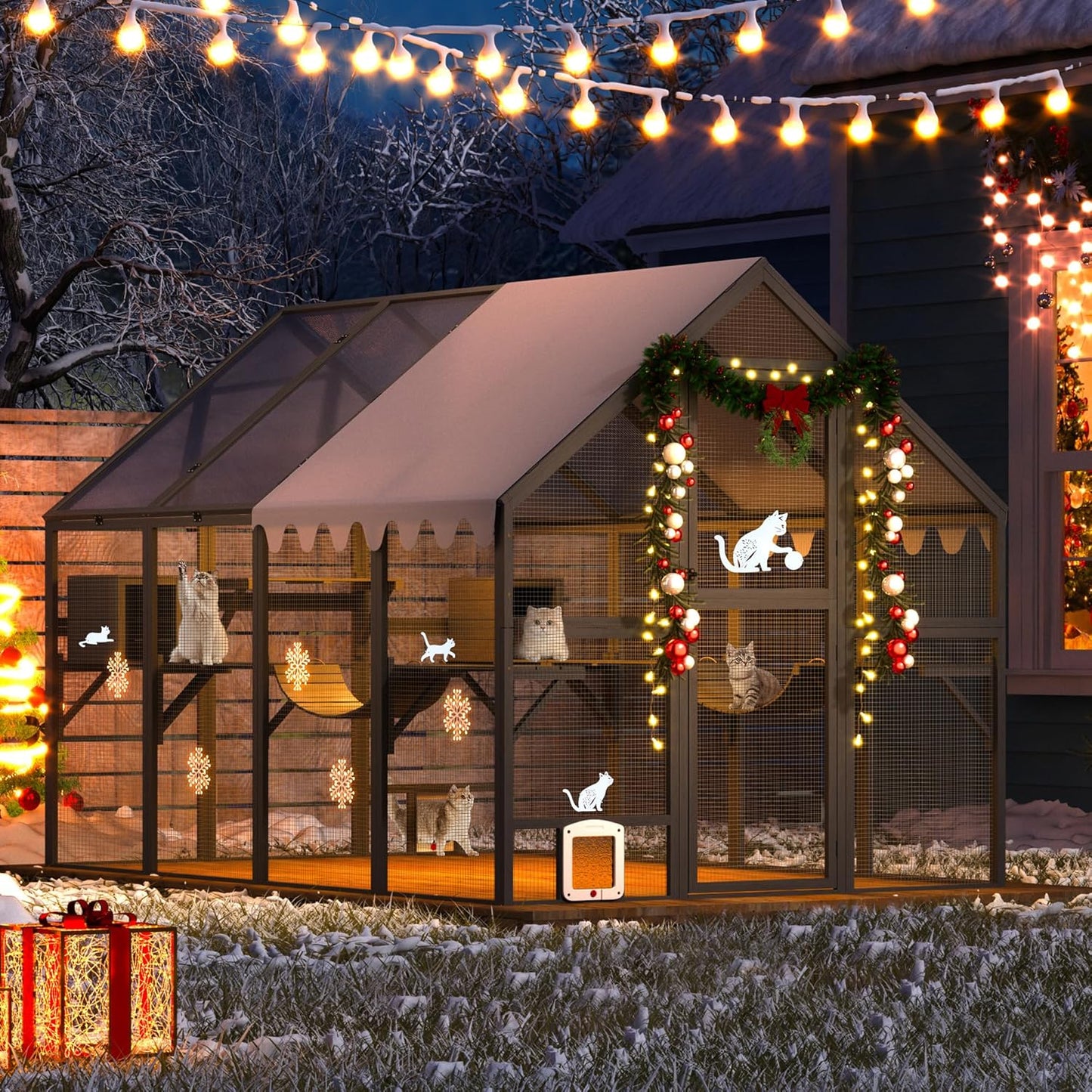 COZIWOW 110" Large Catio Outdoor Cat Enclosure, 53.5ft² Cat Run for Multiple Pets with Fully-Coverd Roof, Window Walk-in Wooden Outside Cattery Feral Kitty House (Modern Grey)