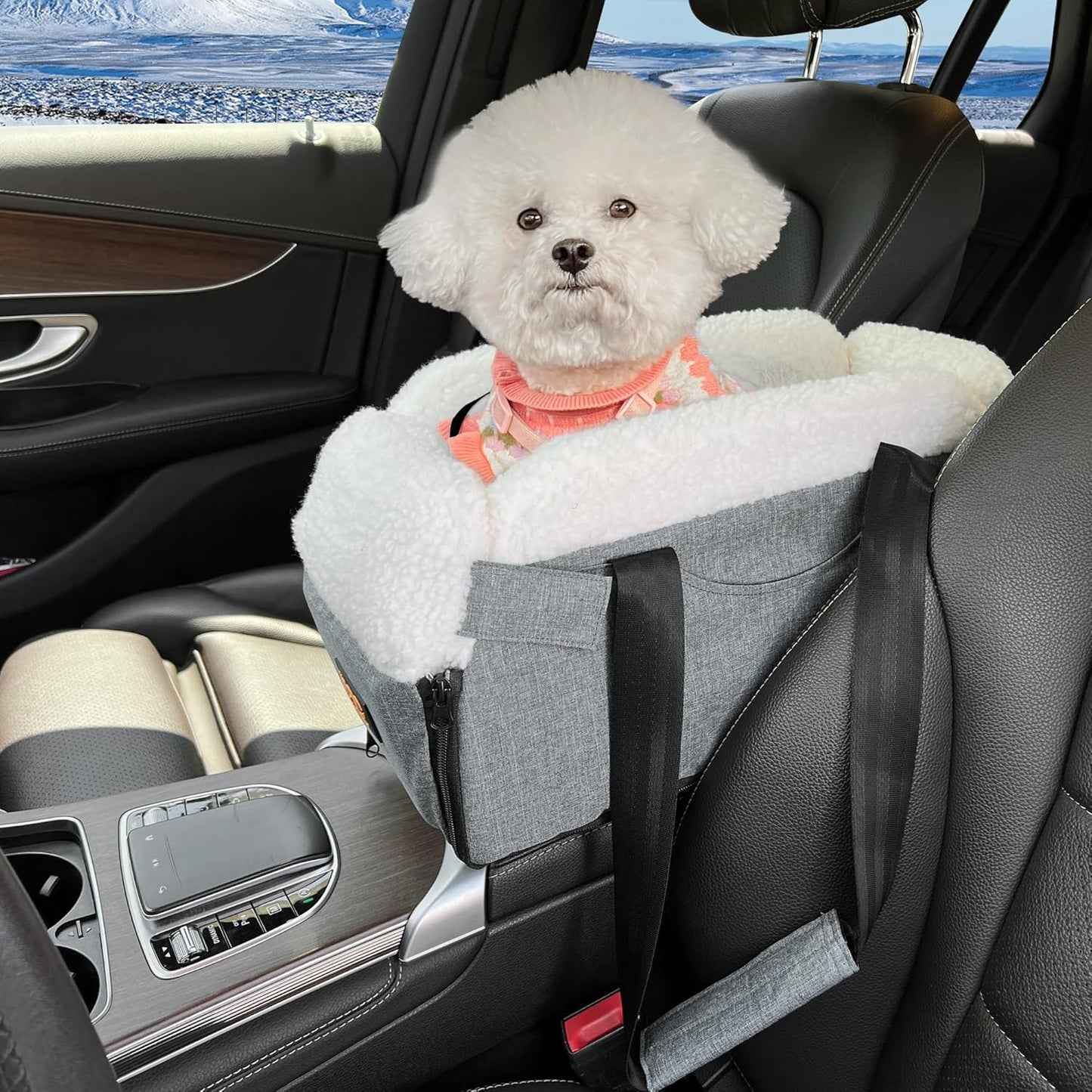 Center Console Dog Car Seat for Small Dogs, Dog Booster Seat with Upgraded Safety Tethers, Detachable Washable Pet Car Seat Travel Bed Under 25lbs(Grey)