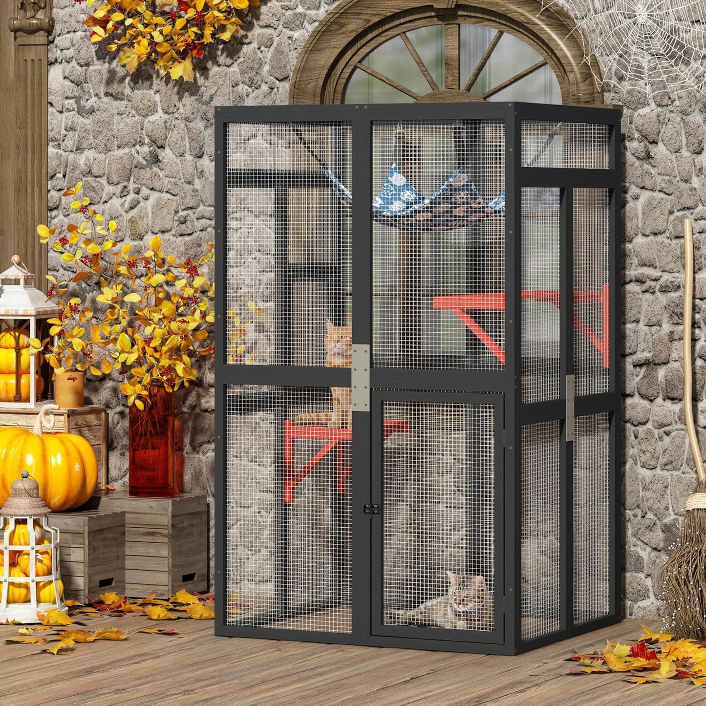 COZIWOW Halloween Outdoor Cat Catio - Spooky Window Access Cat Enclosure with Jumping Platforms, Weatherproof Wooden Shelter for Patio/Garden (Black, 2 Platforms + Hammock, 44lbs Capacity)