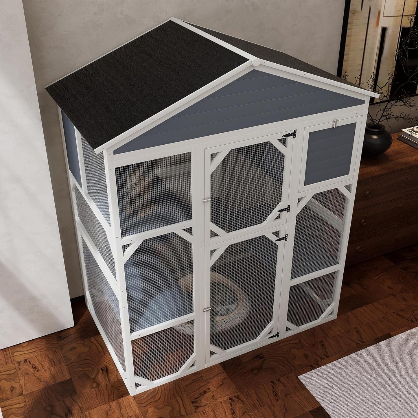 71" Large Wood Catio Outdoor Cat Enclosure, Outdoor Cat Cage with Weatherproof Roof,Wooden Walk in Cat Shelter 3 Platforms & 2 Resting Box (Brown+White)