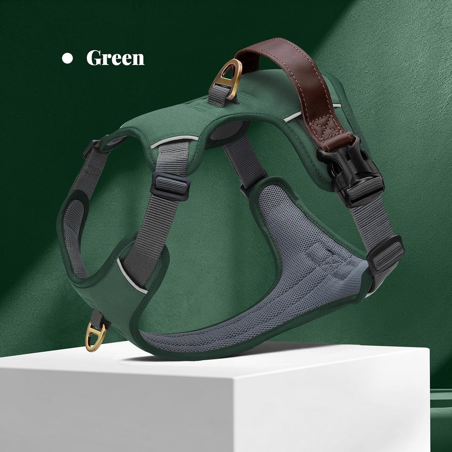 No Pull Dog Harness Small Sized Dog,Stylish PU Leather Vest with Easy Control Handle,No Choke Front Clip with 2 Metal Leash Clips,Reflective & Adjustable for Walking,Green,Chest 19-24"