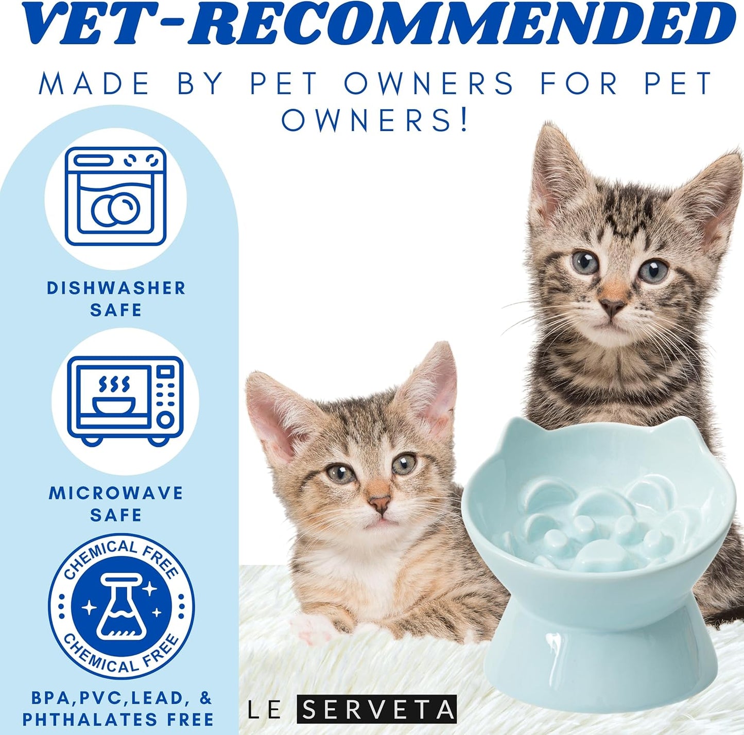 Macarons Series Ceramic Slow Feeder Cat Bowl, Raised Puzzle Feeder, Anti Vomiting Cat Slow Feeding, Elevated Food Bowl, Whisker Friendly Pet Bowl with Cute Ear Design (Blue)