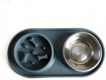 Slow Feeder Dog Bowls 2-in-1 Non-Spill - Anti-Slip Puzzle Feeder Dog Bowl with Stainless Steel Water Bowl, Dual Pet Food & Water Bowl Set for Bloat Prevention for Puppies Cat & Large Dogs