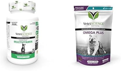 VetriScience Canine Plus MultiVitamin for Dogs, 90 Tablets & Omega Plus Advanced Skin Supplement for Dogs, 40 Chews