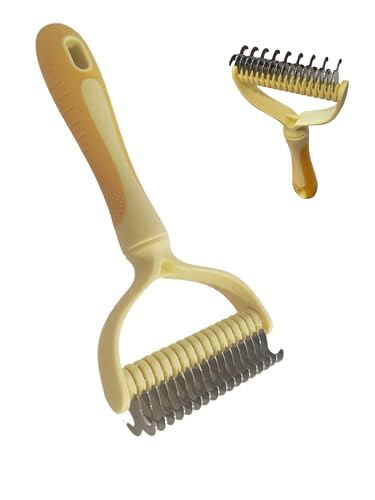 Dematting Comb for Dogs/Cats, 2-Sided Undercoat Detangler Brush for Shedding, Matted Hair & Fur Remover, Painless Pet Grooming Rake with Non-Slip Handle (Yellow,Large)