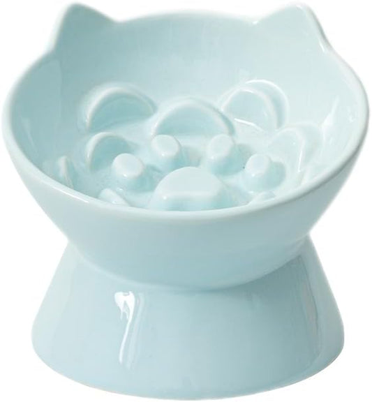 Macarons Series Ceramic Slow Feeder Cat Bowl, Raised Puzzle Feeder, Anti Vomiting Cat Slow Feeding, Elevated Food Bowl, Whisker Friendly Pet Bowl with Cute Ear Design (Blue)
